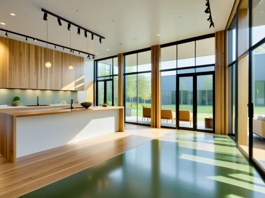 Showroom de Materiales Sostenibles: Elegancia Natural Muestra de materiales construcción ecológicos sostenibles en showroom moderno con luz natural y ambiente sereno