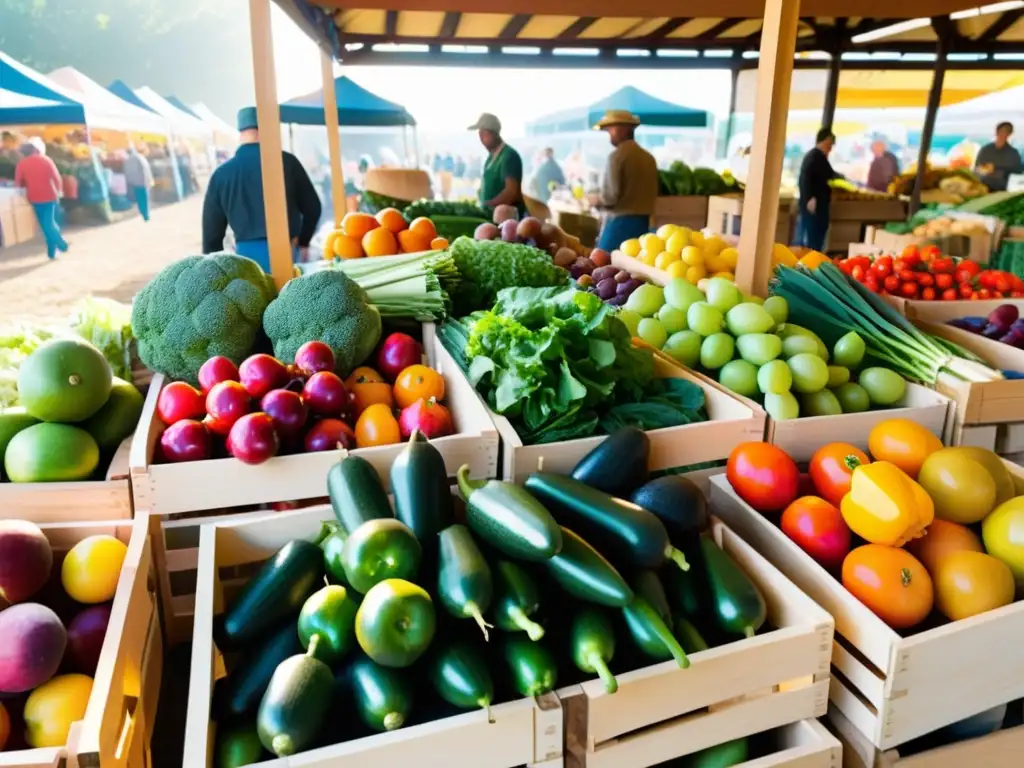 Un mercado de agricultores con frutas y verduras frescas y coloridas en cajas de madera