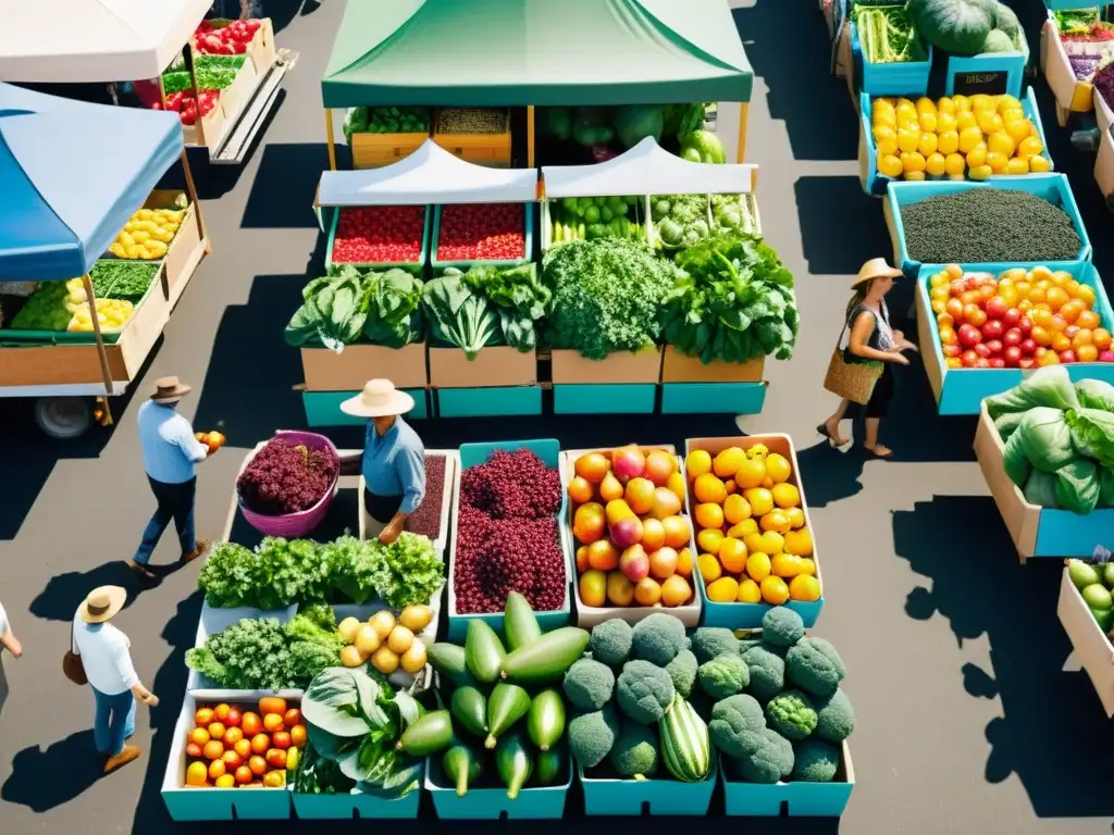 Mercado local con alimentos kilómetro cero sostenibles, coloridos y frescos, rodeado de una animada multitud y productores artesanales