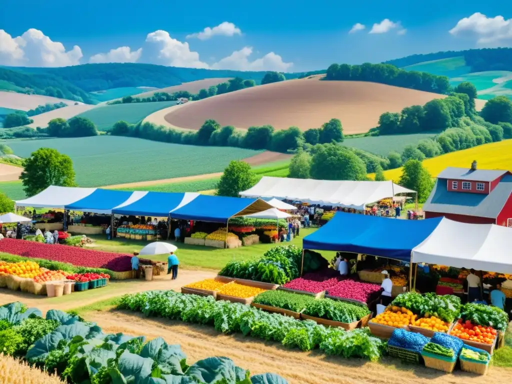 Un mercado rural bullicioso con productos locales de temporada en un paisaje pintoresco de colinas y campos coloridos