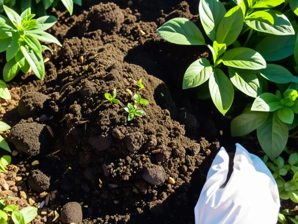 Mezcla suave de compost oscuro en tierra fértil de jardín exuberante