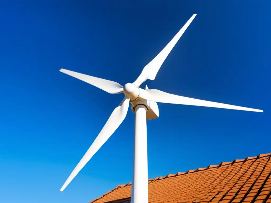 Un microaerogenerador blanco resplandeciente instalado en un tejado, contrastando con el cielo azul