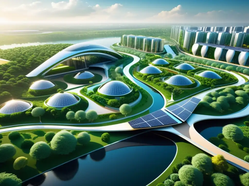 Una microciudad futurista y sostenible se funde en un paisaje verde, con arquitectura elegante y tecnología limpia