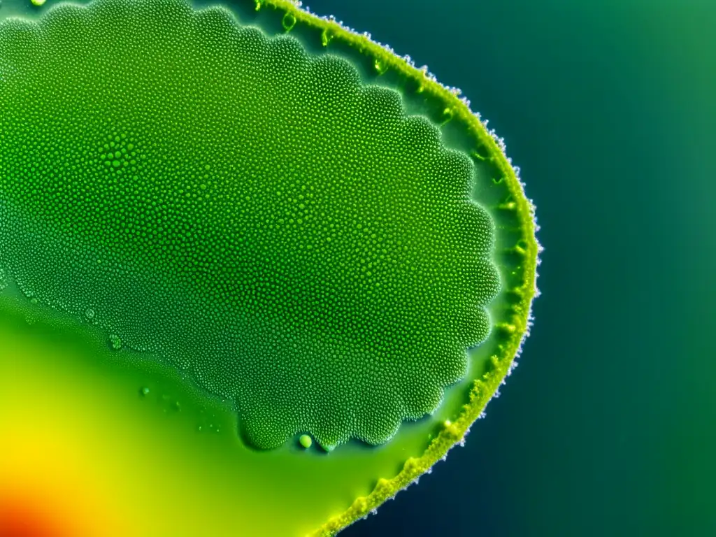 Microfotografía detallada de una sola célula de alga verde vibrante, resaltando sus estructuras celulares y cloroplastos