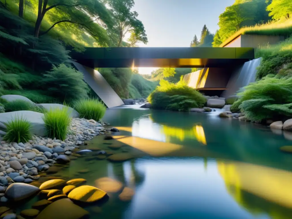 Un microsistema hidroeléctrico en armonía con la naturaleza en un río tranquilo y sereno, reflejando sostenibilidad y belleza natural