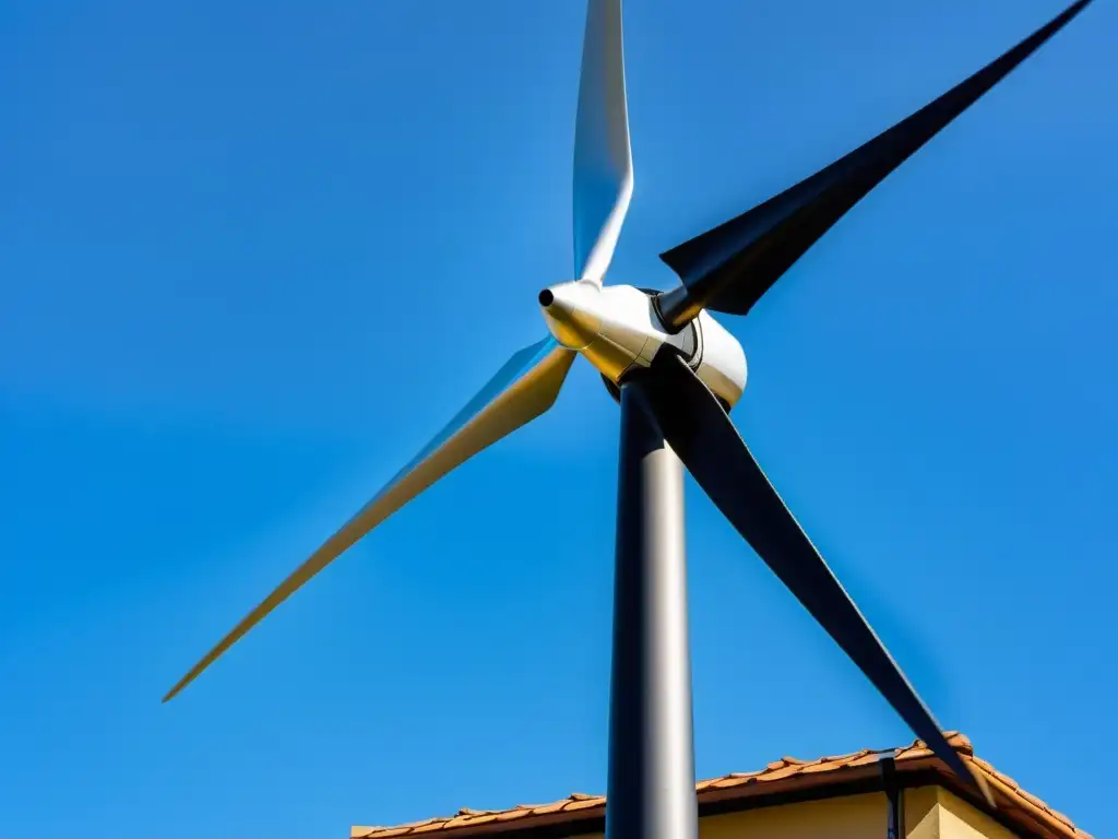 Microturbinas eólicas para hogares sostenibles: Detalle de moderna turbina instalada en casa sostenible, capturando la luz del sol y el cielo azul