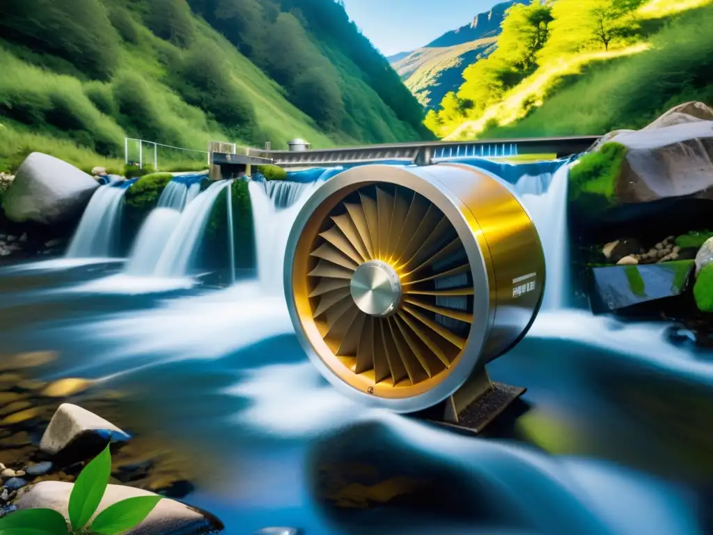 Microturbinas hidráulicas para energía sostenible en un arroyo de montaña, con luz solar brillante y paisaje exuberante