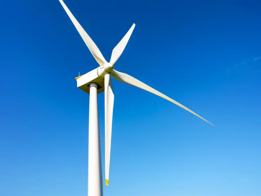 Una mini turbina eólica en un cielo despejado, simbolizando las ventajas y desafíos de la energía eólica a pequeña escala