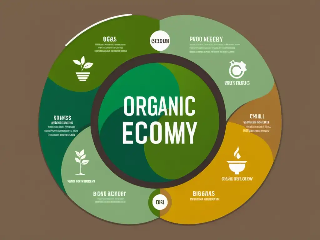 Ilustración minimalista de bioenergía en la economía circular con loops de materiales transformándose en biogás, biocombustibles y biomasa