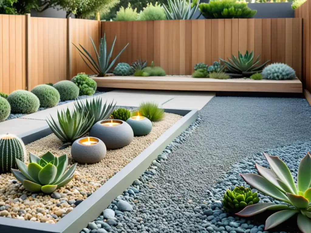 Jardín zen minimalista con caminos de grava, suculentas y una fuente tranquila