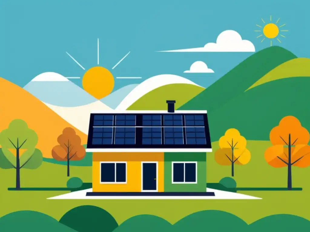 Minimalista ilustración de casa con paneles solares en 4 estaciones, mostrando impacto en el rendimiento paneles solares según estaciones