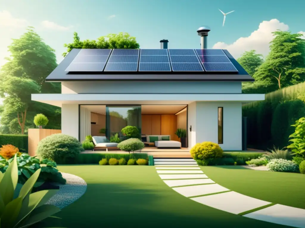 Hogar ecoamigable: Integración armoniosa de energía sostenible Minimalista ilustración de hogar ecológico con paneles solares y jardín bioenergético