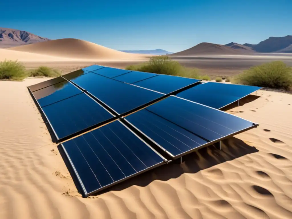 Instalación minimalista de paneles solares en un desierto, desafiando los retos ambientales de la energía solar