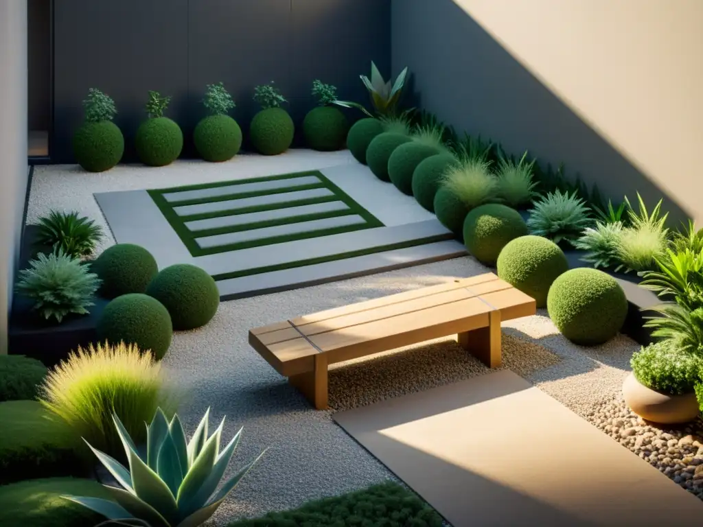 Jardín minimalista con plantas resistentes a la sequía y diseño geométrico