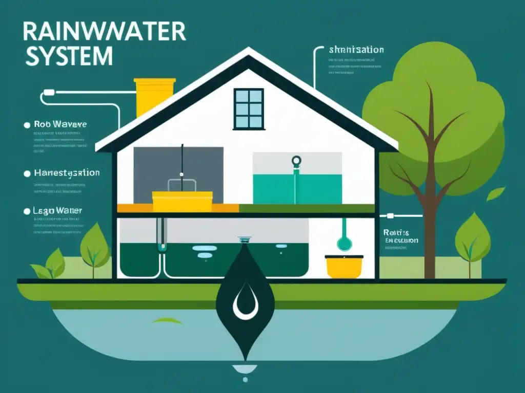 Ilustración minimalista de un sistema de captación de agua de lluvia integrado en una casa ecológica