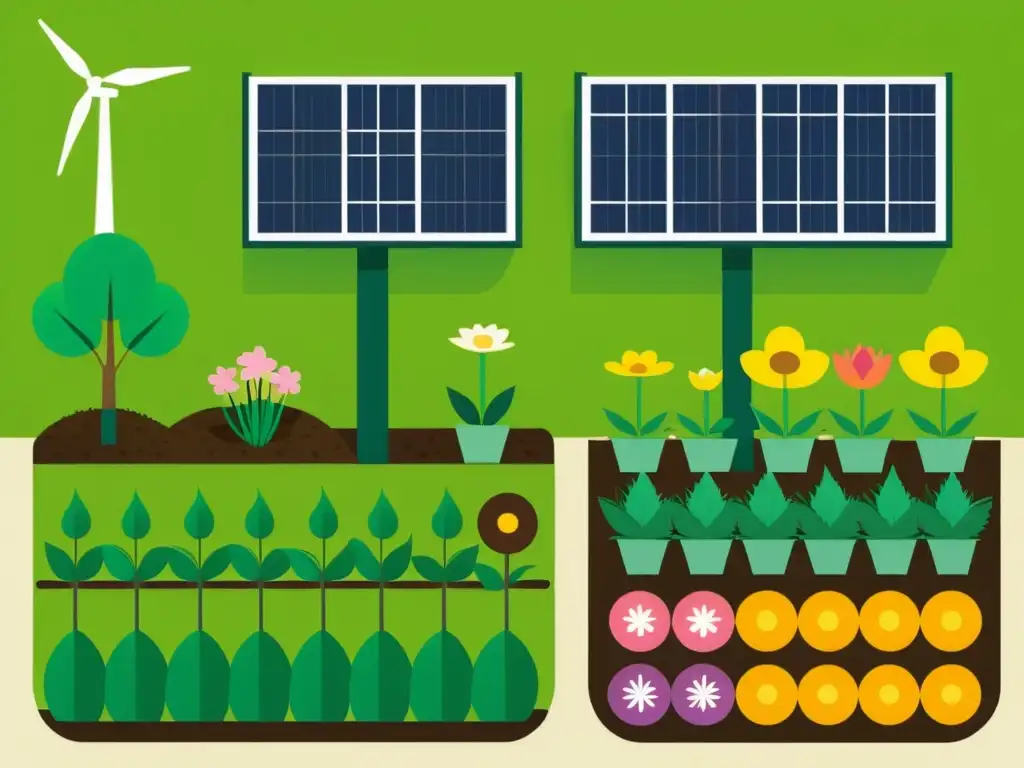 Un jardín minimalista con sistemas integrados para bioenergía, como paneles solares, composteras y un aerogenerador