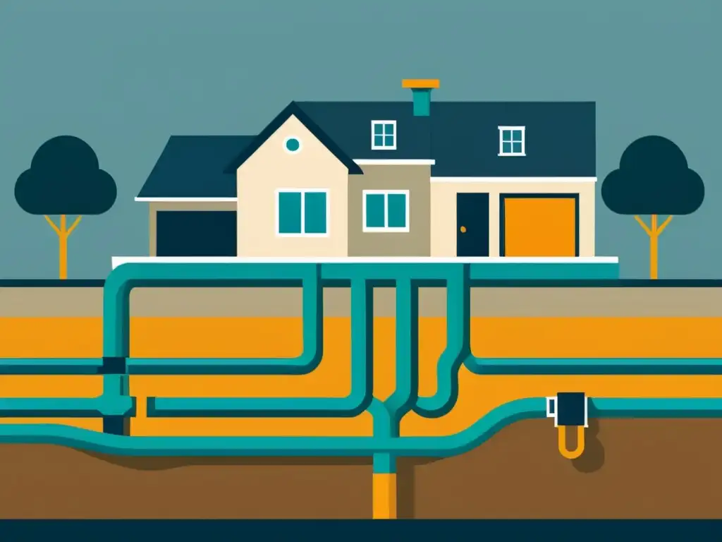 Ilustración minimalista de un sitio de construcción residencial, destacando el sistema de aguas subterráneas