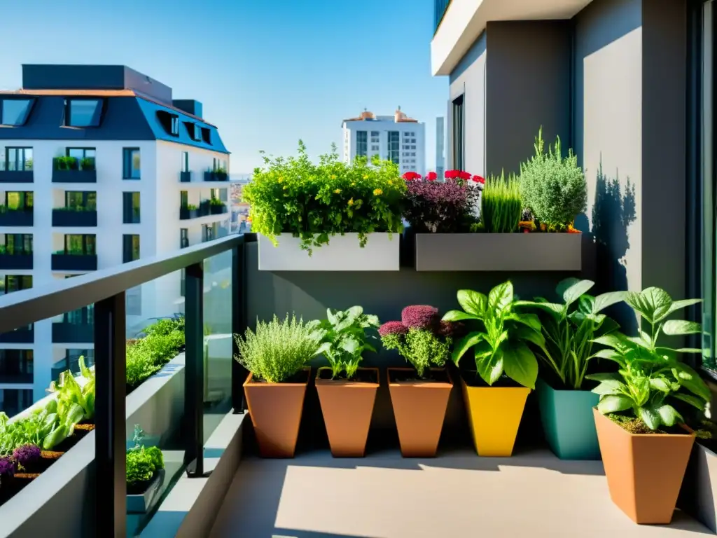 Un jardín de balcón minimalista y vibrante, muestra cómo aplicar técnicas ecológicas de jardinería en balcones