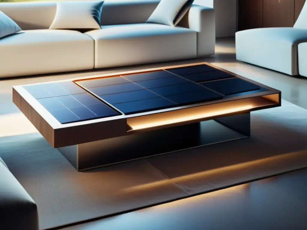 Mobiliario con carga solar integrada: una mesa de café minimalista con paneles solares integrados, iluminando elegantemente la moderna sala de estar