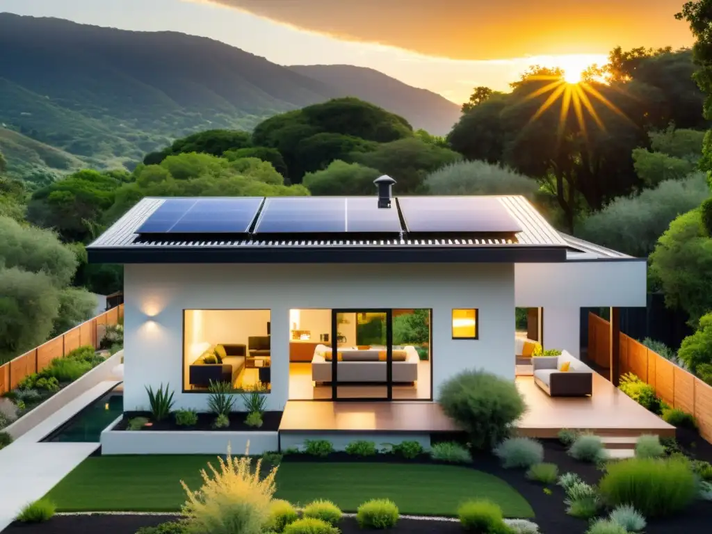 Modelo de sustentabilidad para hogar: Moderna casa ecológica con paneles solares, jardín nativo y diseño armonioso, iluminada por el atardecer