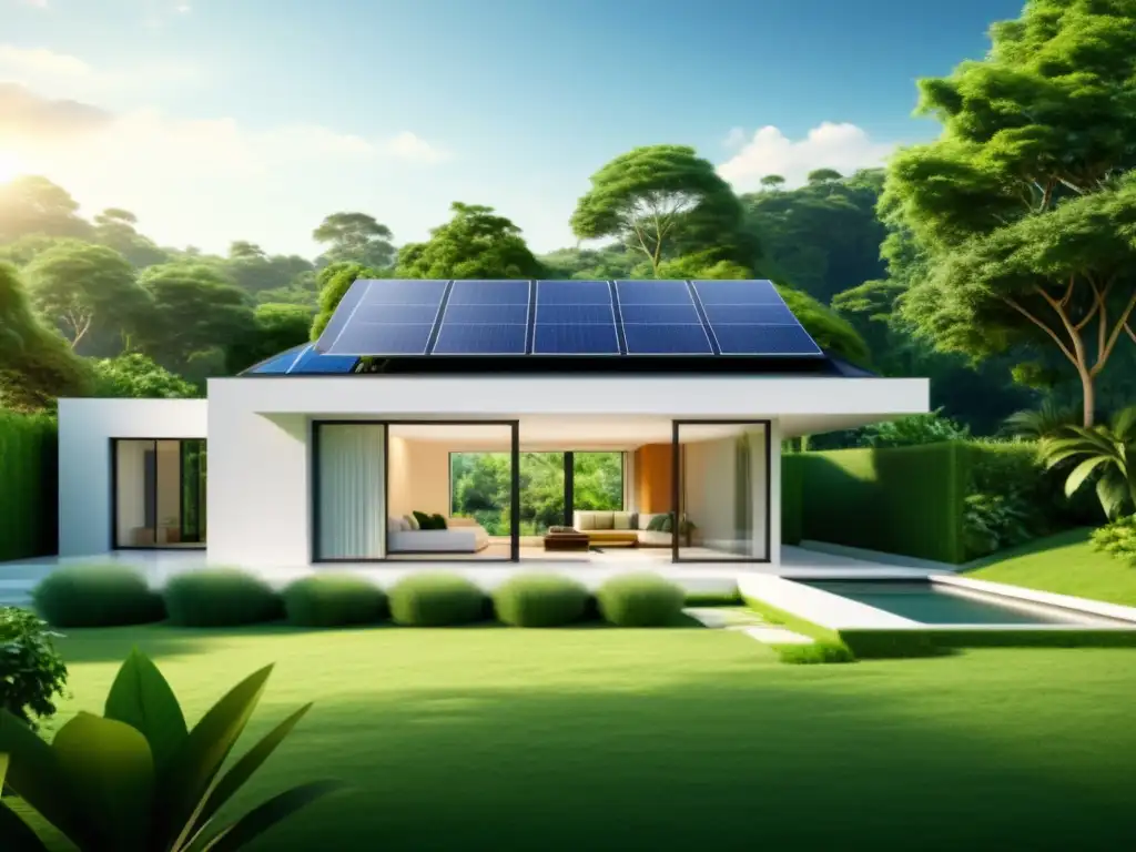 Moderna casa ecoamigable rodeada de naturaleza exuberante y paneles solares en el techo