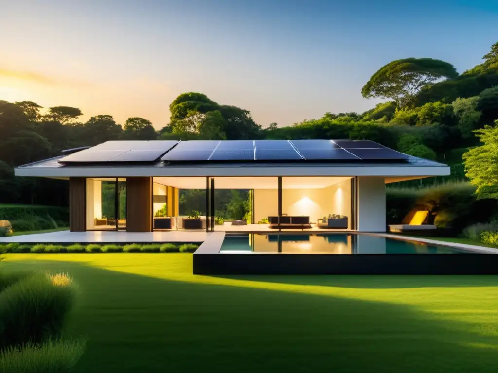 Moderna casa energéticamente eficiente con integración tecnologías almacenamiento energía, rodeada de exuberante vegetación al atardecer dorado