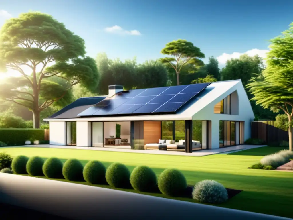 Moderna casa energéticamente eficiente con paneles solares, ventanas triple panel y jardín paisajístico