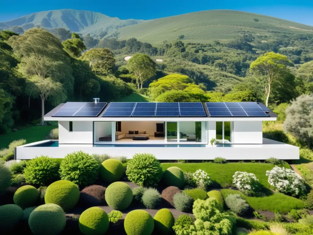 Moderna casa energéticamente eficiente con paneles solares, rodeada de naturaleza