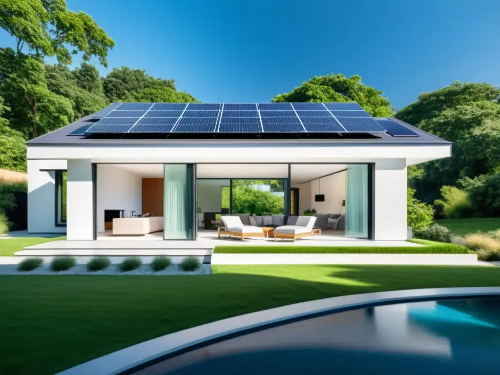 Moderna casa energéticamente eficiente con paneles solares en el techo y rodeada de vegetación exuberante, bajo un cielo azul claro