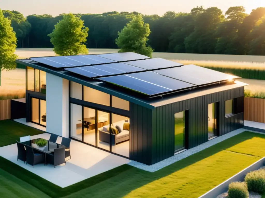 Moderna casa con paneles solares y sistema de almacenamiento de energía integrado, elegante y sostenible