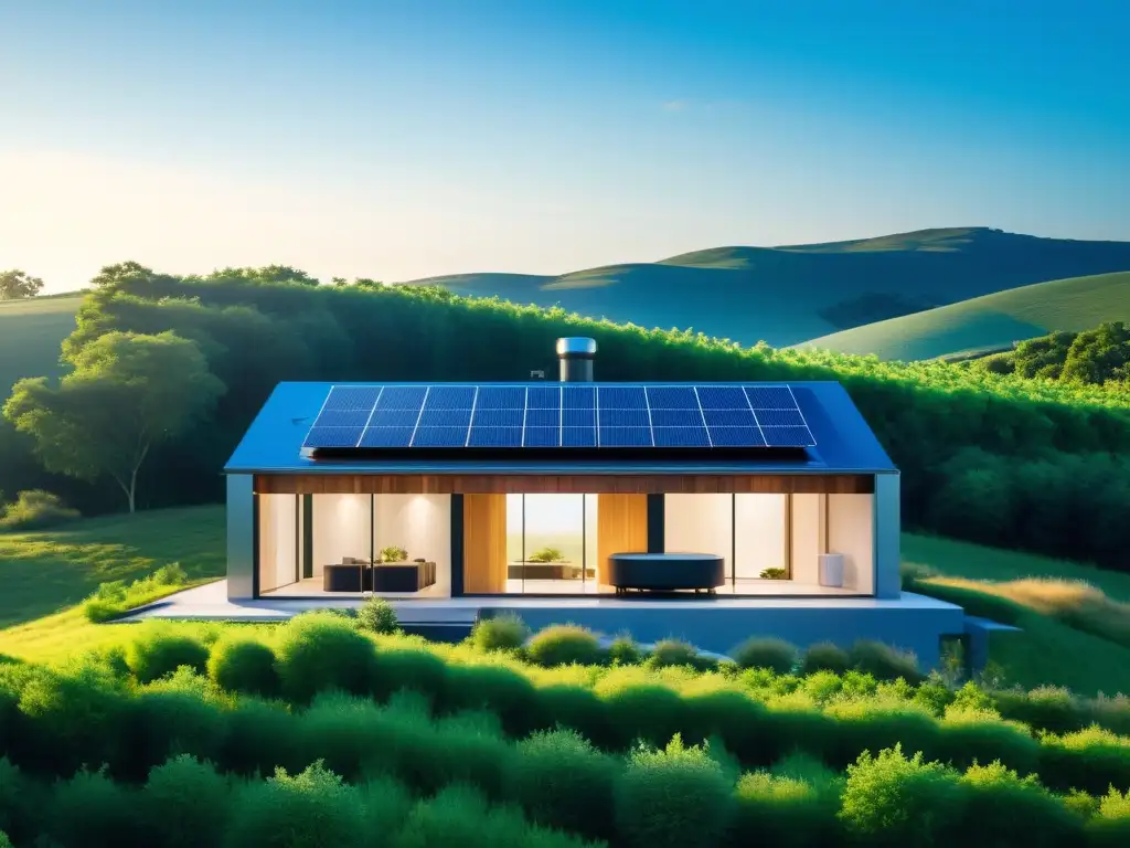 Moderna casa con paneles solares, biodigestor integrado en el paisaje natural