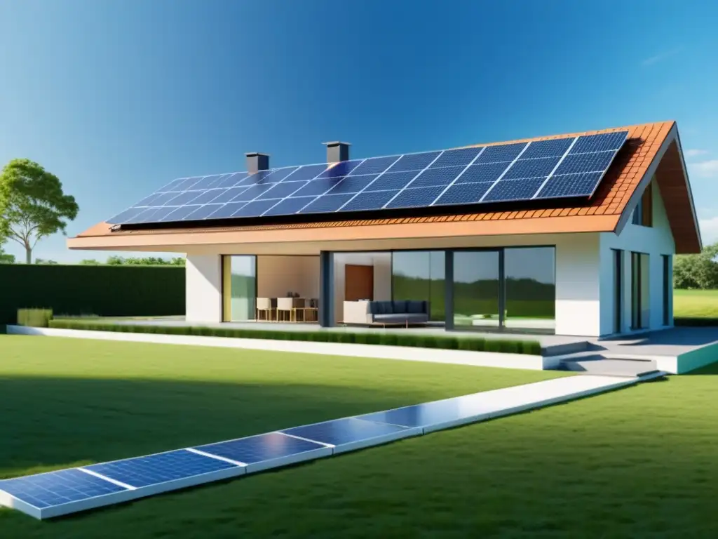 Moderna casa con paneles solares integrados, rodeada de naturaleza