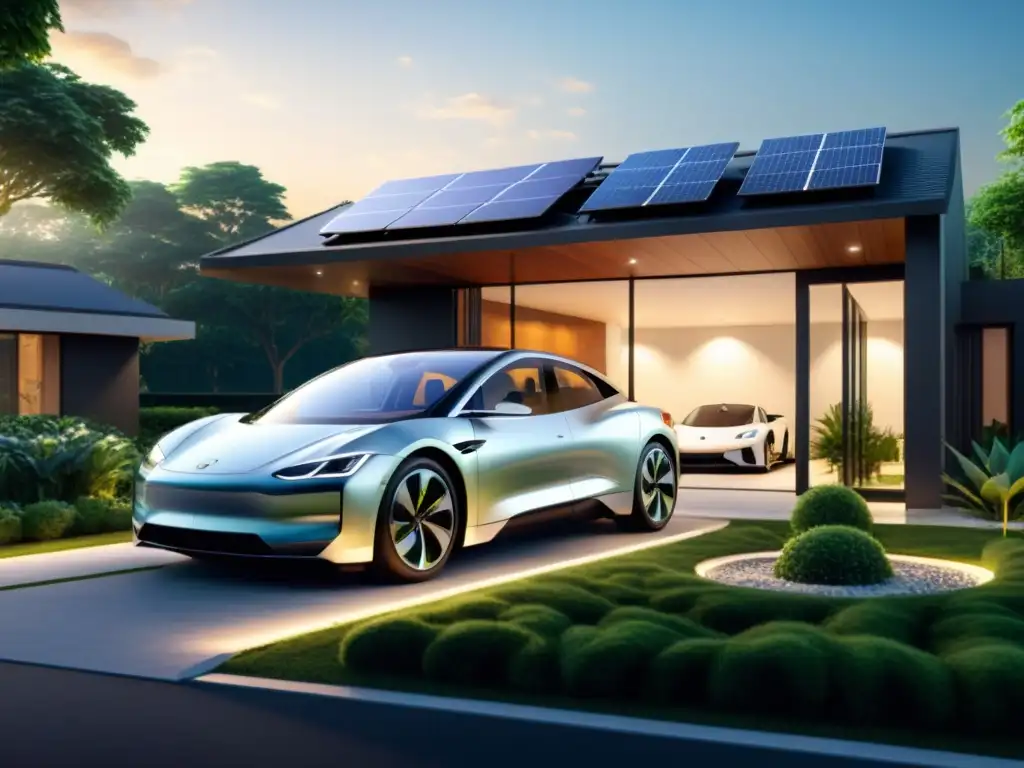 Moderna casa con paneles solares, rodeada de vegetación, estación de carga para autos eléctricos y app de energía