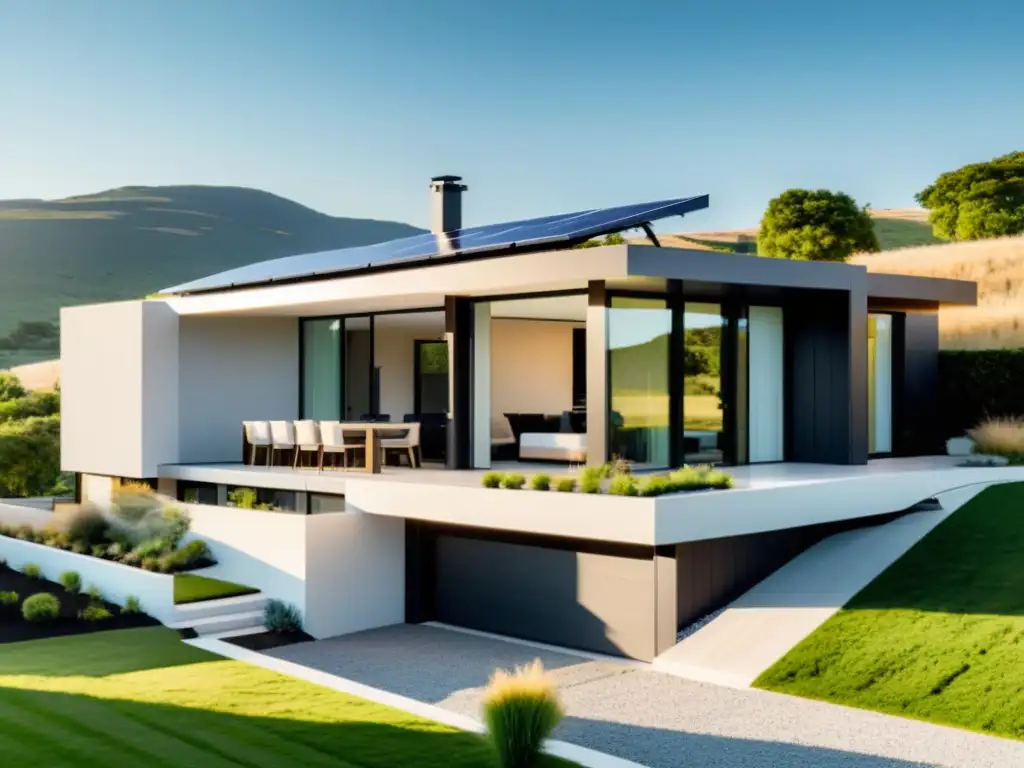 Moderna casa con paneles solares y sistema de baterías integrado, reflejando sostenibilidad y tecnología