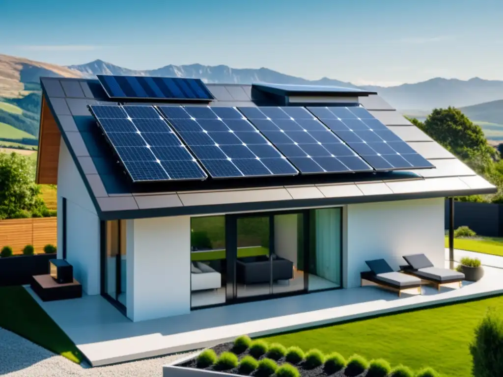 Moderna casa con paneles solares y sistema de baterías, integrando tecnología de energía renovable en un entorno residencial contemporáneo