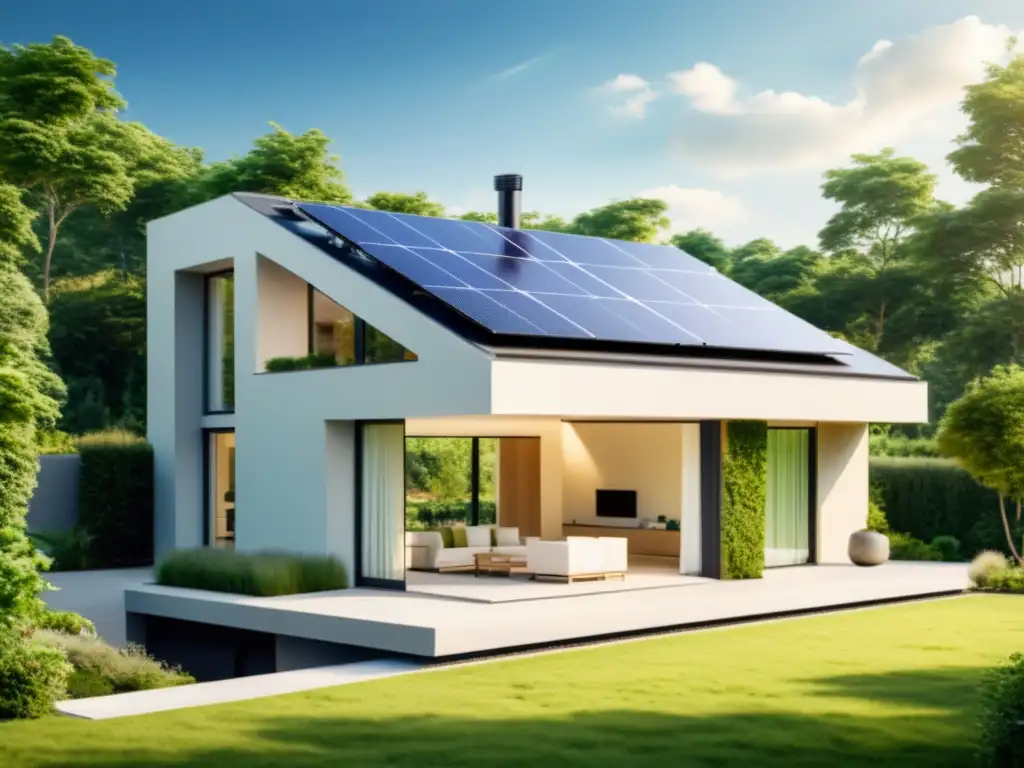 Moderna casa con paneles solares y batería integrada, rodeada de vegetación exuberante e iluminada por cálida luz solar