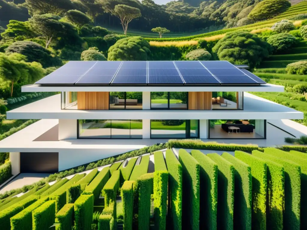 Una moderna casa con paneles solares integrados en el techo, rodeada de exuberante vegetación y bañada en cálida luz solar