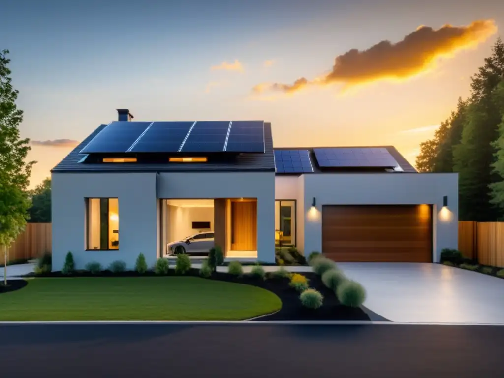 Moderna casa con paneles solares integrando sistemas almacenamiento energía hogar al atardecer