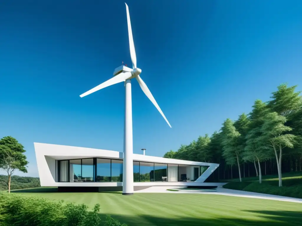 Una moderna casa rodeada de naturaleza con una turbina eólica residencial