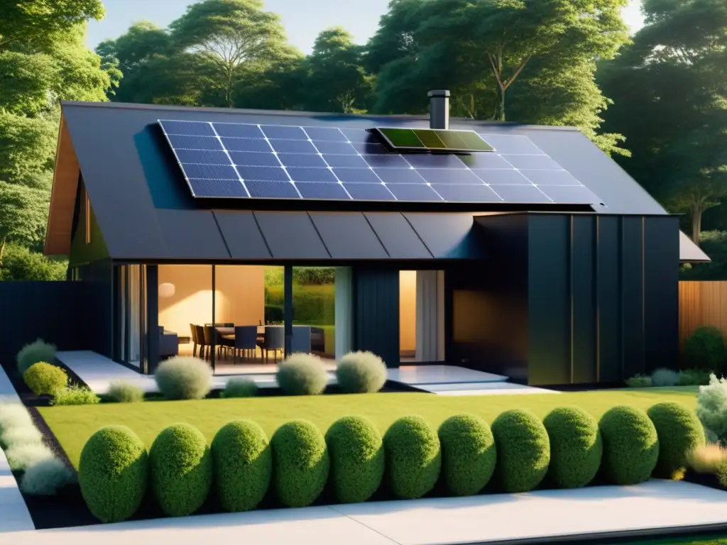 Una moderna casa suburbana con paneles solares biofotovoltaicos integrados en el techo, rodeada de vegetación