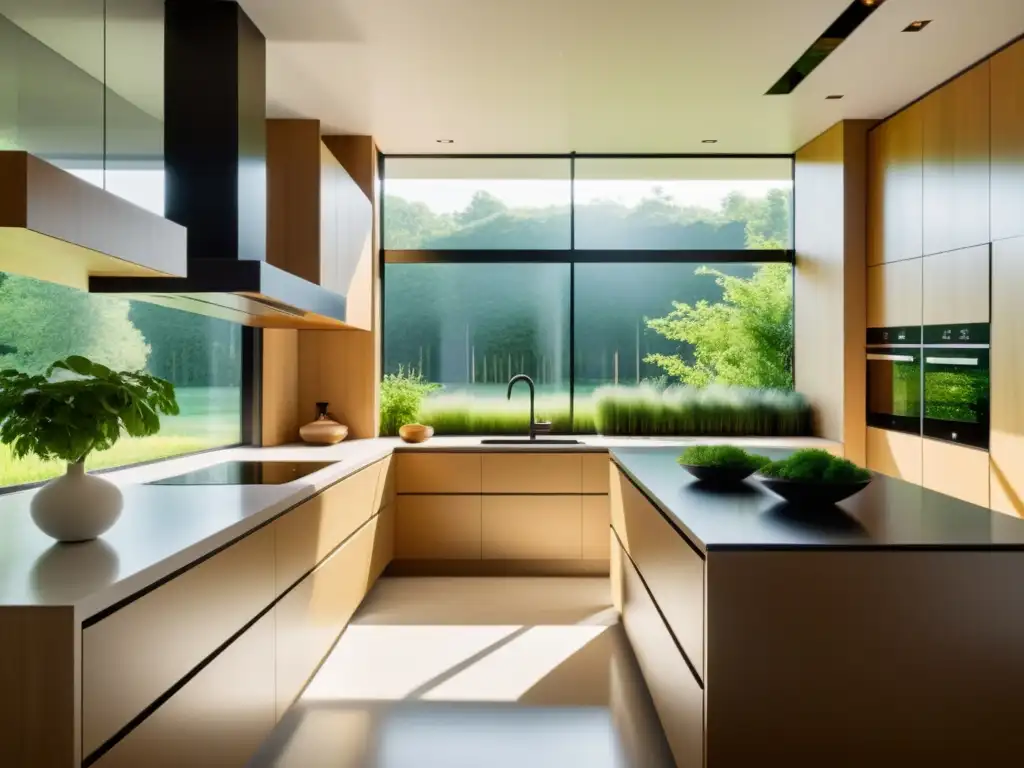 Kitchen moderna y ecoamigable con electrodomésticos eficientes y ventana grande con vista a paisaje verde