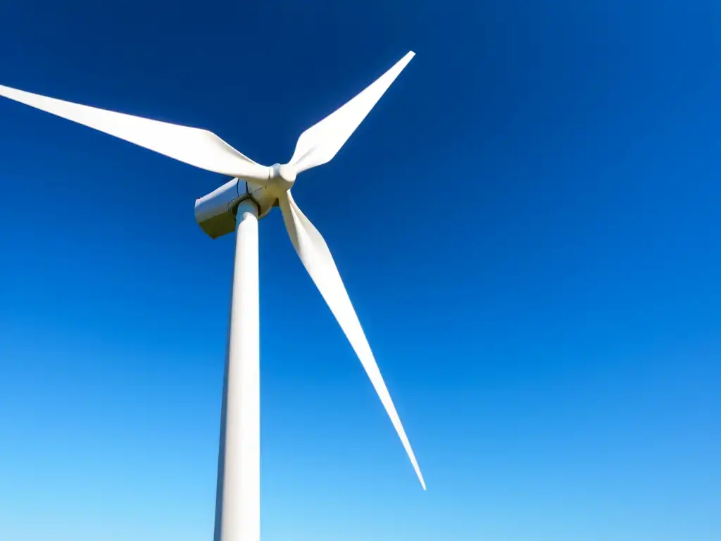 Una moderna y elegante turbina eólica, con sus aspas girando graciosamente bajo un cielo azul claro