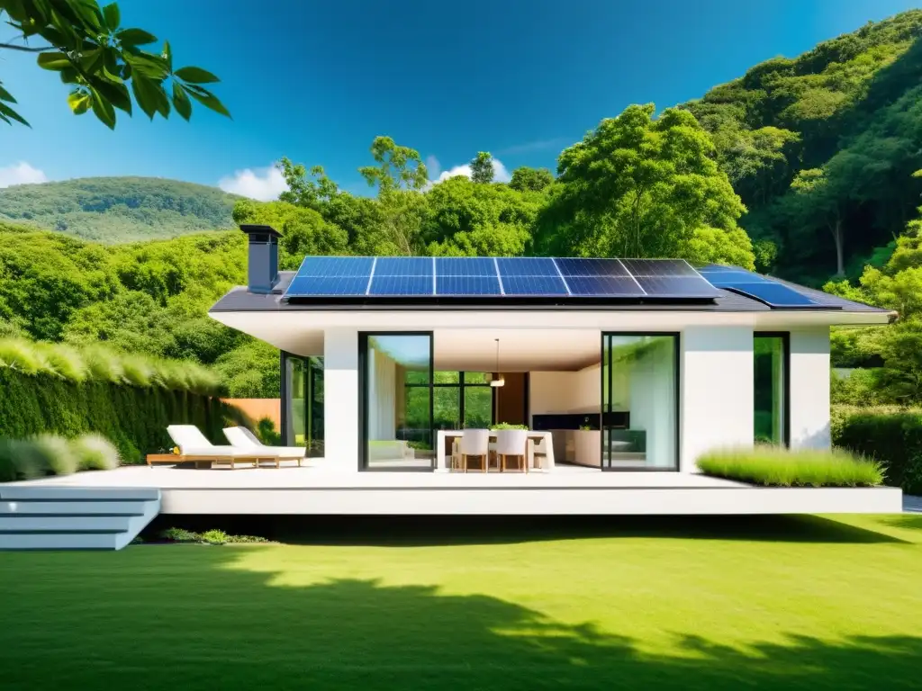 Moderna casa energética con certificaciones sostenibilidad energía hogar, rodeada de naturaleza y paneles solares en el techo