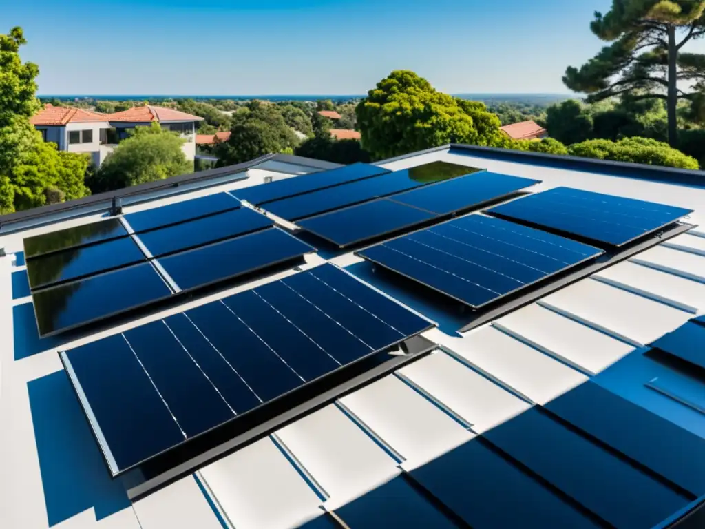 Una moderna instalación de paneles solares en el techo de una casa, mostrando la integración de energía renovable y diseño sofisticado