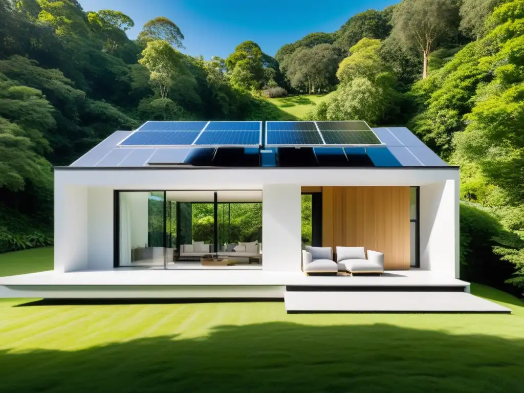 Moderna casa con integración tecnologías almacenamiento energía, paneles solares y diseño sostenible en medio de exuberante vegetación