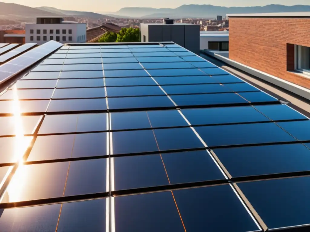 Instalación moderna de paneles solares en la azotea, reflejando la luz del sol en un patrón geométrico