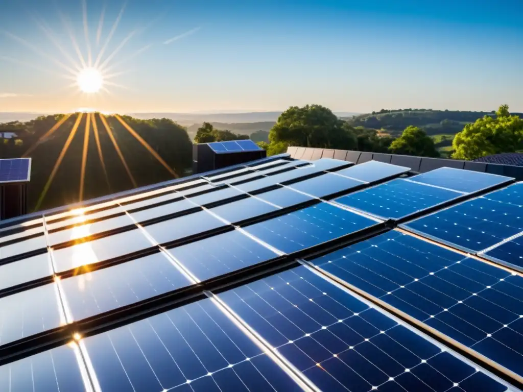 Instalación moderna de paneles solares en la azotea, reflejando los rayos del sol