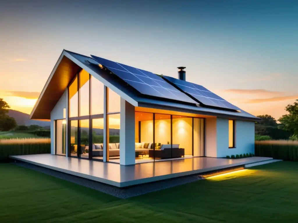 Moderna casa ecológica con paneles solares y baterías inteligentes