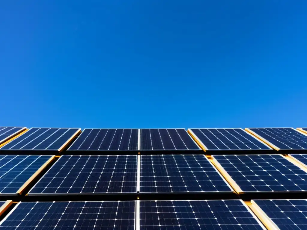 Instalación moderna de paneles solares con cielo azul, emitiendo una sensación de innovación y sostenibilidad