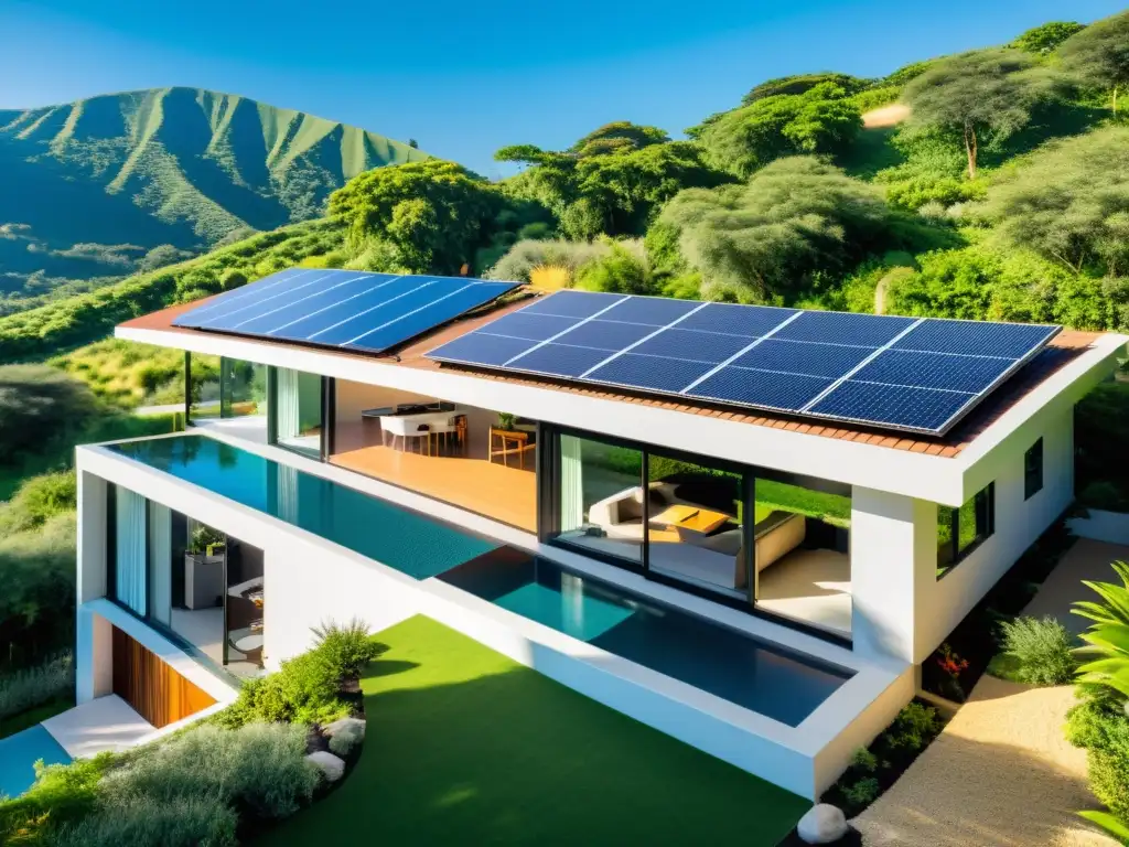 Moderna casa ecológica con paneles solares integrados, rodeada de naturaleza exuberante y cielo azul